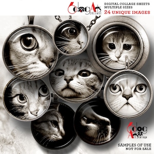 Sepia Cat Digital Collage Sheets Printable Downloads Mini Bottle Caps Pendants Paper Crafts 20mm, 18mm, 16mm, 14mm, 12mm Circles JC-008C