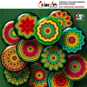 May include: A set of 10 colorful round digital collage sheets featuring mandala designs with bright red, orange, yellow, green, blue, and purple colors. The designs are intricate and symmetrical.