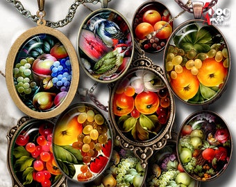 Russian Folk Fruits Digital Collage Sheets Printable Download Pendants Cabochons Crafts 30x40mm, 22x30mm, 18x25mm, 13x18mm Ovals JC-044O