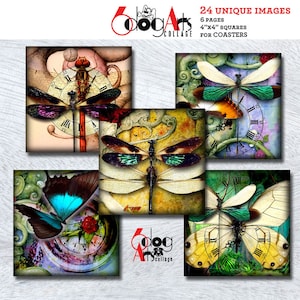 May include: Six digital collage sheets featuring vintage clocks, butterflies, and dragonflies. Each sheet is 4 inches by 4 inches and can be used to create coasters.