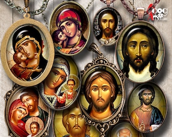 Russian Religious Icons Digital Collage Sheets Printable Download Pendants Cabochons Crafts 30x40mm, 22x30mm, 18x25mm, 13x18mm Ovals JC-042O