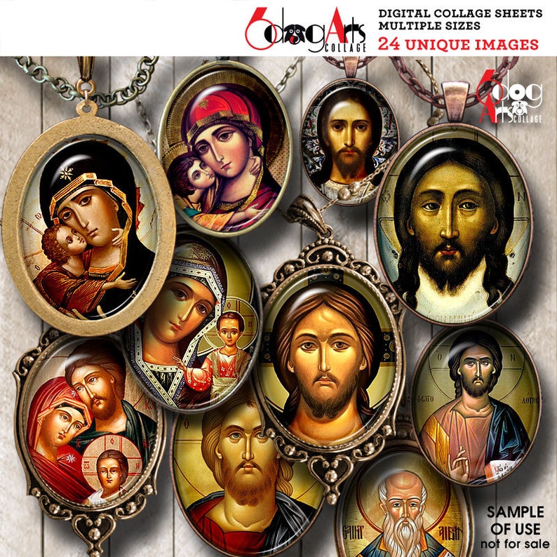 May include: A digital collage sheet with 24 unique images of religious icons. The images are in a circular shape and feature various religious figures, including Jesus, Mary, and saints. The images are perfect for crafting projects, scrapbooking, and more.