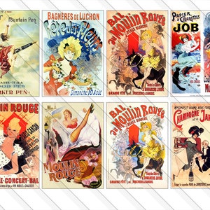 May include: A collection of vintage French advertising posters. The posters feature illustrations and text promoting products and events, including a fountain pen, flowers, and the Moulin Rouge. The color palette includes reds, yellows, and blues.