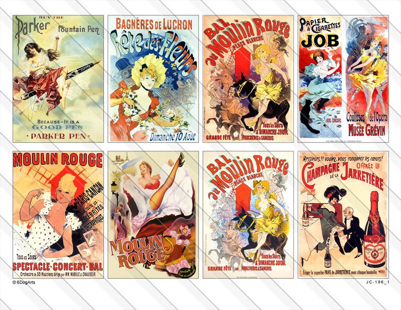 May include: A collection of vintage French advertising posters. The posters feature illustrations and text promoting products and events, including a fountain pen, flowers, and the Moulin Rouge. The color palette includes reds, yellows, and blues.