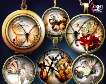 May include: Six round, bronze-colored pendants with glass inserts featuring images of butterflies with translucent wings. The butterflies are set against various backgrounds, including leaves, flowers, and grapes.