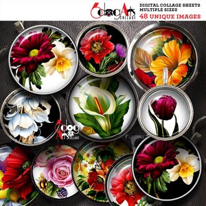 Fogli di collage digitali di fiori, stampabili, download, tappi di bottiglia, pendenti, scrapbooking, cerchi da 40 mm, 1,5", 1,25", 1", 30 mm, 25 mm JC-348