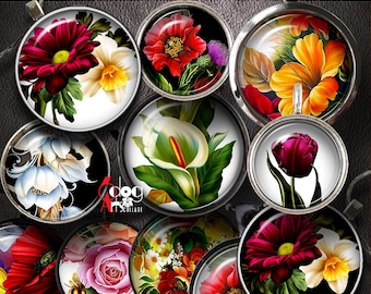 Flowers Digital Collage Sheets Printable Downloads Bottle Caps Pendants Scrapbooking 40mm, 1.5", 1.25", 1", 30mm, 25mm Circles JC-348