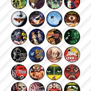 May include: A collection of 25 round, colorful horror movie-themed images. Each image features vintage movie posters with titles like "The Ghost," "Frankenstein," and "Night of the Living Dead." The images are arranged on a white background.