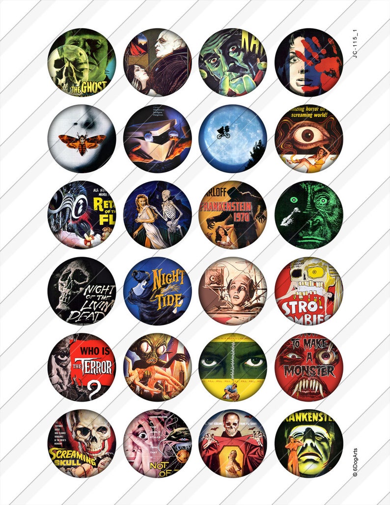 May include: A collection of 25 round, colorful horror movie-themed images. Each image features vintage movie posters with titles like "The Ghost," "Frankenstein," and "Night of the Living Dead." The images are arranged on a white background.