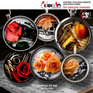 May include: Six round pendants with musical instrument and floral designs. Each pendant features a different image, including a red rose, a trumpet, and a clarinet, set against a backdrop of sheet music. The text "DIGITAL COLLAGE SHEETS" is visible.