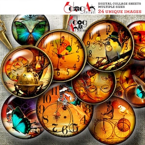 Steampunk Fantasy Digital Collage Sheets Printable Download Bottle Caps Pendants Paper Crafts 1.5&quot;, 1.25&quot;, 1&quot;, 30mm, 25mm Circles JC-337