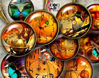 Steampunk Fantasy Digital Collage Sheets Printable Download Bottle Caps Pendants Paper Crafts 1.5", 1.25", 1", 30mm, 25mm Circles JC-337