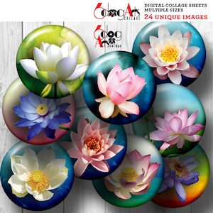 Fogli di collage digitale di fiori di loto stampabili da scaricare Cerchi da 1,837", 1,629", 1,375" (1,313") per bottoni da 1,5", 1,25", 1" JC-014B