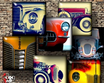 Old Retro Vintage Car 1.5", 1", 30mm, 25mm Squares Digital Collage Sheets Printable Download for Pendants Glass Cabochons JC-125S