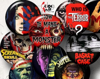 Collages digitales imprimibles de carteles de películas de terror vintage. Círculos de 5 cm para pisapapeles, imanes, álbumes de recortes y manualidades. JC-165