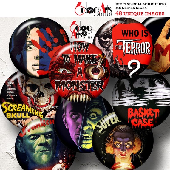 Vintage Horror Movie Posters Digital Collage Sheets Printable Download 2" Circles for Paperweights, Magnets, Scrapbooking, Crafts JC-165