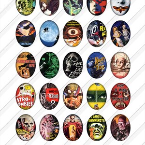 May include: A set of 16 vintage-style oval-shaped glass tiles featuring horror movie posters. The tiles feature images of classic monsters, including Frankenstein, Dracula, and the Creature from the Black Lagoon. The tiles are perfect for adding a touch of horror to any home decor.