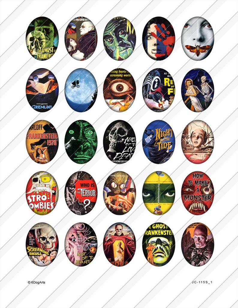 May include: A set of 16 vintage-style oval-shaped glass tiles featuring horror movie posters. The tiles feature images of classic monsters, including Frankenstein, Dracula, and the Creature from the Black Lagoon. The tiles are perfect for adding a touch of horror to any home decor.