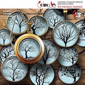 Tree Silhouettes Digital Collage Sheets Printable Downloads for Bottle Caps Pendants Crafts 1.5&quot;, 1.25&quot;, 1&quot;, 30mm, 25mm Circles JC-072C