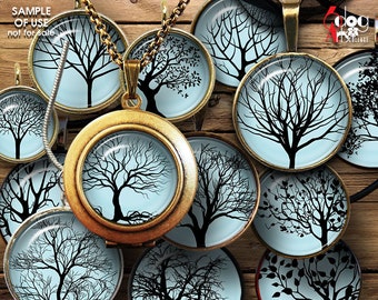 Tree Silhouettes Digital Collage Sheets Printable Downloads for Bottle Caps Pendants Crafts 1.5", 1.25", 1", 30mm, 25mm Circles JC-072C