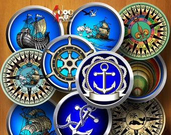 Marine Nautical Digital Collage Sheets Printable Downloads for Mini Bottle Caps Pendants Crafts 20mm, 18mm, 16mm, 14mm, 12mm Circles JC-304