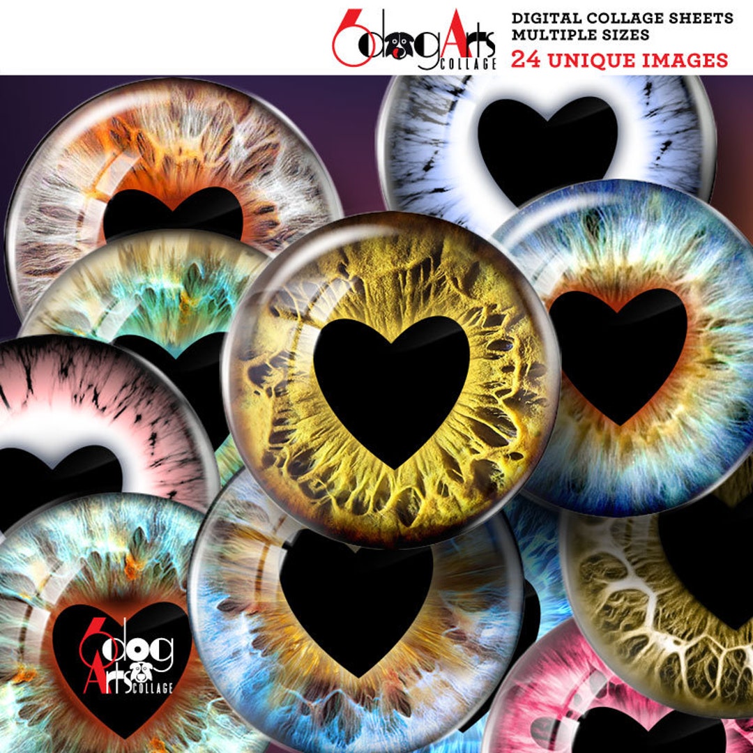 Heart Pupil Doll Eyes Digital Collage Sheets Printable Irises Irides Glass Cabochons Pendants 1. ...