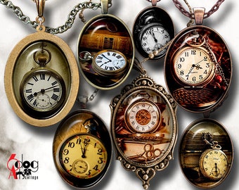 Vintage Pocket Watches Digital Collage Sheets Printable Download Pendants Cabochons Crafts 30x40mm, 22x30mm, 18x25mm, 13x18mm Ovals JC-089O