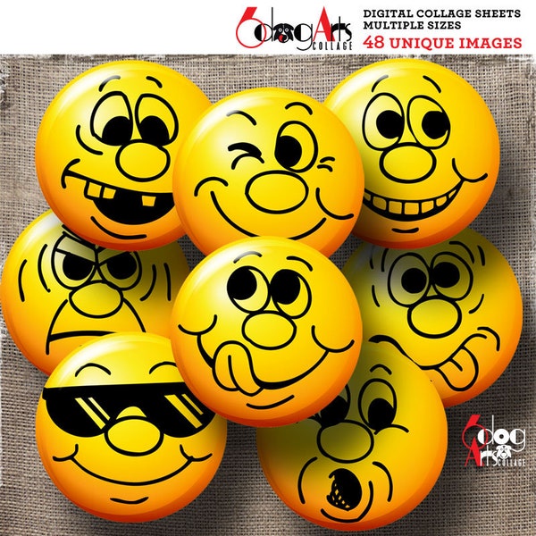 Smileys Emoji Digital Collage Sheets Printable Downloads for Bottle Caps Cabochons Scrapbooking 1.5" 1.25" 1" 30mm 25mm Circles JC-335C