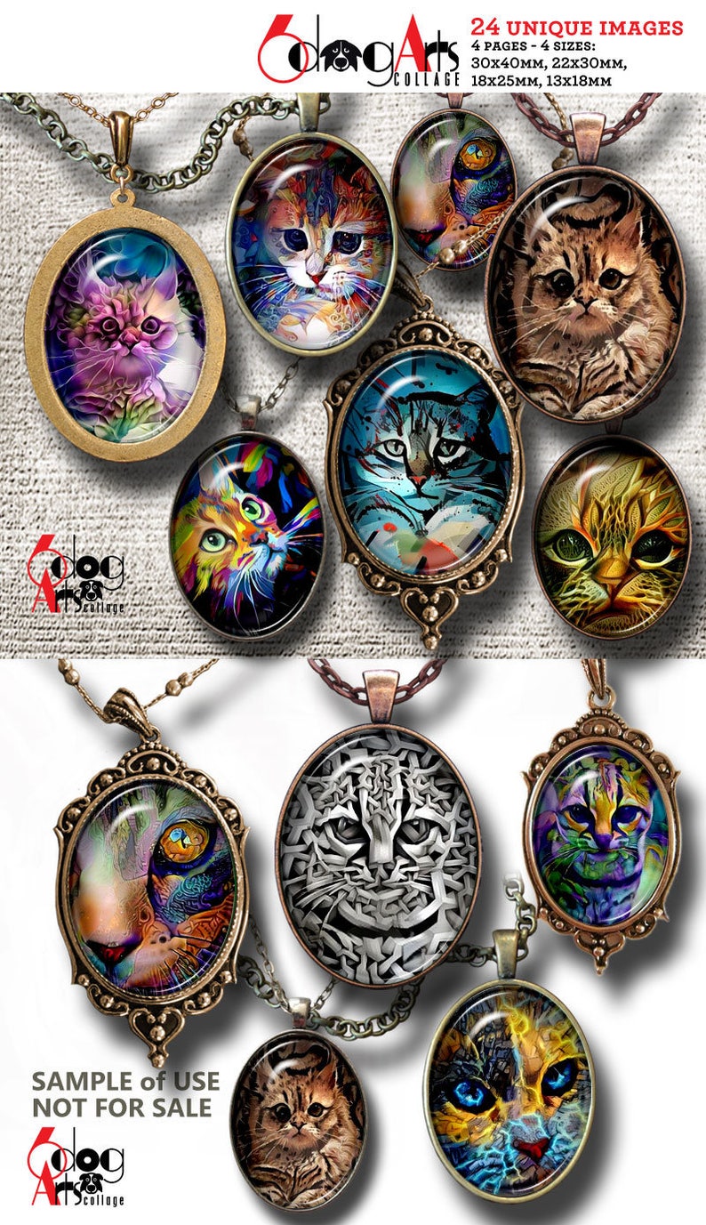 Cat Painting Digital Collage Sheets Printable Download Pendants Cabochons Paper Crafts 30x40mm, 22x30mm, 18x25mm, 13x18mm Ovals JC-002O image 2