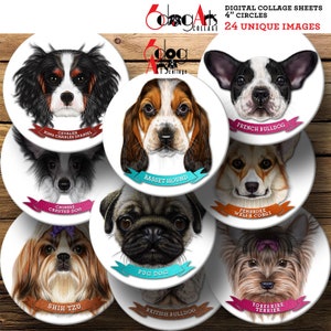 Dog Breeds Digital Collage Sheets 4" Circles Printable Download for Coasters, Paperweights, Magnets, Scrapbooking, Crafts JC-122