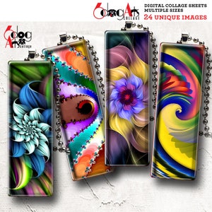 Puede incluir: Cuatro hojas de collage digital coloridas con diseños florales abstractos. Cada hoja es rectangular y presenta un esquema de color y un patrón diferentes. Las hojas están dispuestas en una fila, con la hoja superior siendo la más colorida y la hoja inferior siendo la menos colorida. Las hojas miden todas aproximadamente 10 cm de largo y 4 cm de ancho.