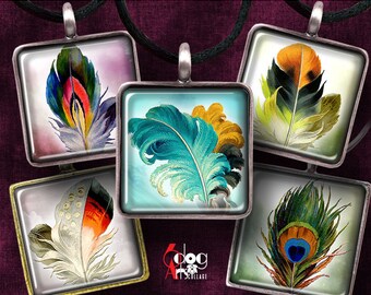 Vintage Feather 1.5", 1", 30mm, 25mm, 15mm Squares Digital Collage Sheets Printable Download Pendants Cabochons Scrapbooking JC-038S