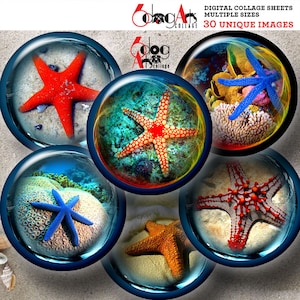 Star Fish in a Bubble Sea Nautische digitale collagebladen 2,625" en 1,313" cirkels voor 2,25" en 1" knopen, zakspiegels JC-259