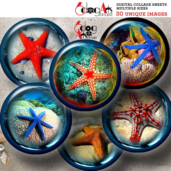 Star Fish in a Bubble Sea Nautical Digital Collage Sheets 2.625" and 1.313" Circles for 2.25" and 1" Buttons, Pocket Mirrors JC-259