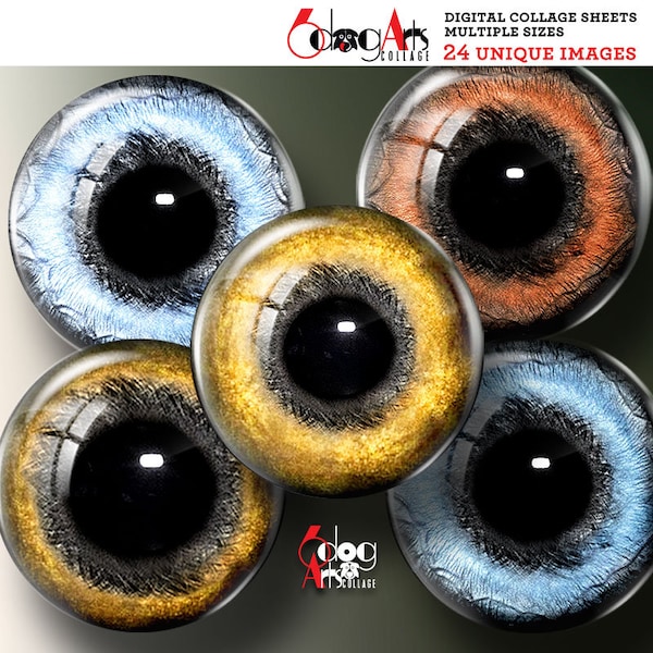 Yeux de chien réalistes Feuilles de collage numérique Irides imprimables Télécharger Poupée Faisant 20mm, 18mm, 16mm, 14mm, 12mm, 10mm, 8mm, 6mm Cercles JC-398