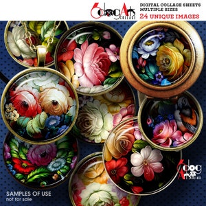 Russian Folk Art Digital Collage Sheets Printable Downloads Bottle Cap Pendant Paper Crafts 40mm, 1.5&quot;, 1.25&quot;, 1&quot;, 30mm, 25mm Circles JC-046