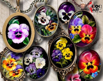 Pansy Digital Collage Sheets Printable Download Pendants Cabochons Crafts 30x40mm, 22x30mm, 18x25mm, 13x18mm Ovals JC-041O