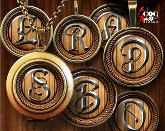 Metal Alphabet Digital Collage Sheets Printables for Bottle Caps Pendants Cabochons Scrapbooking 1.5, 1.25, 1 inch, 30, 25mm Circles JC-086