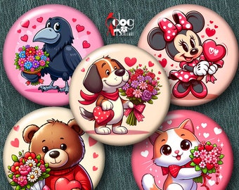 Cartoon Valentine's Animals Digital Collage Sheets Printable 2.755", 1.85", 1.629", 1.375" Circles for 2.25", 1.5", 1.25", 1" Buttons JC462B
