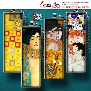 Puede incluir: Cuatro hojas de collage digital con obras de arte de Gustav Klimt. Las imágenes son de formato rectangular y presentan una variedad de colores, incluyendo oro, amarillo, rojo, azul y verde. Las imágenes son perfectas para manualidades, scrapbooking y otros proyectos creativos.