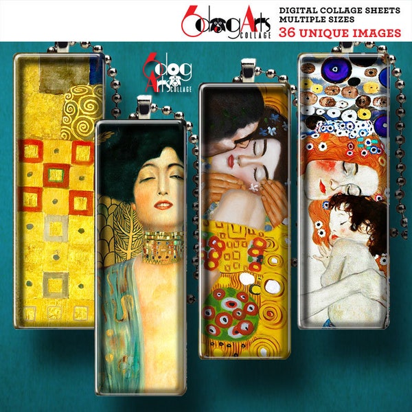 Gustav Klimt Digital Collage Sheets Microscope Slide Domino Pendants - 1”x3”, 16x40mm 1”x2”, 19x38mm, 15x30mm,  10x22mm  Rectangles JC-327R