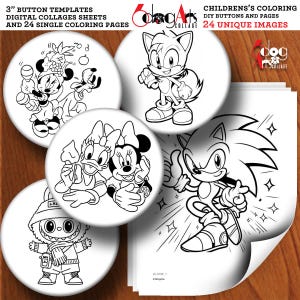 May include: A digital collection of 3-inch button templates and 24 coloring pages featuring black and white line art of cartoon characters including Sonic the Hedgehog, Tails, Minnie Mouse, Daisy Duck, and Pluto, with 6DogArts branding.