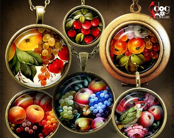 Russian Folk Fruits Digital Collage Sheets Printable Jewelry Scrapbooking Supplies Bottle Cap Pendant 1.5", 1.25" 1" 30, 25mm Circles JC-044