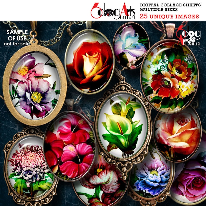 Op de afbeelding: Een set van 10 ronde en ovale digitale collagebladen met verschillende bloemenontwerpen. De ontwerpen omvatten rozen, lelies en andere bloemen in tinten roze, rood, wit en geel. De collagebladen zijn perfect voor knutselprojecten, scrapbooking en digitale kunst.