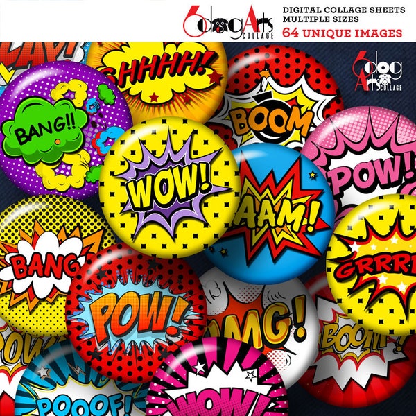 Comic Book Exclamations Digital Collage Sheets Printable 2.755" 1.85" 1.629" 1.375" Circles for 2.25" 1.5" 1.25" 1" Buttons, Mirrors JC-123