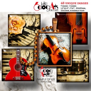 Musical Instruments Digital Collage Sheets Printable Downloadable 1.5"x1.5", 1"x1", 30x30mm, 15x15mm Squares, and scrabble tiles JC-279S