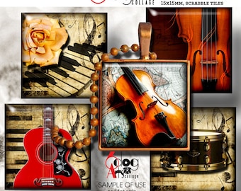 Musical Instruments Digital Collage Sheets Printable Downloadable 1.5"x1.5", 1"x1", 30x30mm, 15x15mm Squares, and scrabble tiles JC-279S
