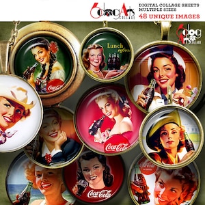 May include: A set of 10 round, gold-toned, metal picture frames with glass fronts. Each frame contains a vintage Coca-Cola advertisement featuring a woman and a bottle of Coca-Cola. The advertisements are in various colors and styles.