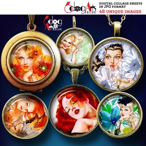 48 Pin Up Beauties Digital Collage Sheets Printable Download for Cabochons Pendants Paper Crafts 20mm, 18mm, 16mm, 14mm, 12mm Circles JC-409