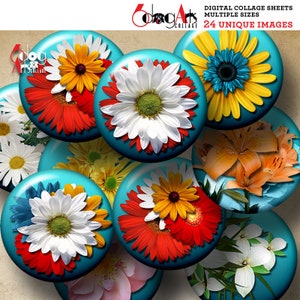 Flower Bouquet Digital Collage Sheets Printable Download Mini Bottle Caps Pendants Paper Crafts 20mm, 18mm, 16mm, 14mm, 12mm Circles JC-243C